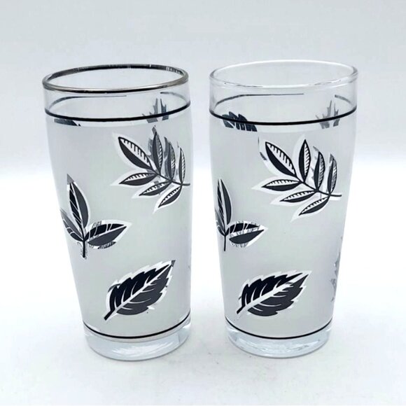 Libbey Silver Leaf Frosted Juice Glasses 4 Inch Tumblers Set of 2 Vintage MCM - Picture 1 of 6